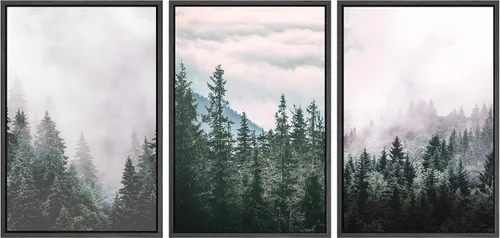 Vista 9 de SIGNWIN Lienzo enmarcado para pared, juego de decoración de guardería de bosques, niebla y niebla sobre bosque de montaña oscura, naturaleza, arte
