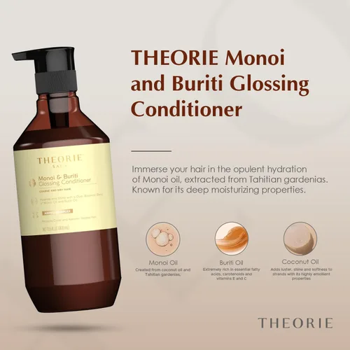 Vista 2 de Theorie Acondicionador brillante Monoi and Buriti - Hidrata y brilla - Adecuado para cabello grueso y seco - Protege el color y el cabello tratado