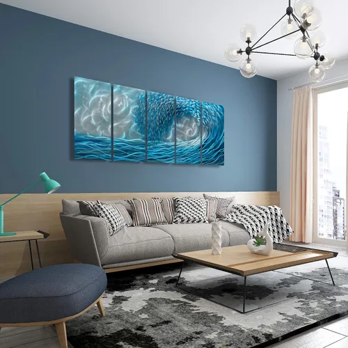 Vista 6 de BATRENDY ARTS Arte de pared de metal con ondas azules, escultura colgante en 3D, pintura de aluminio pulido a mano para sala de estar, dormitorio