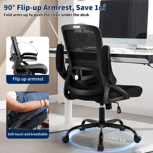 Vista 8 de Silla de Oficina Ergonómica, Silla de Escritorio con Soporte Lumbar Ajustable, Sillas de Computadora Cómodas de Malla Transpirable con Reposabrazos