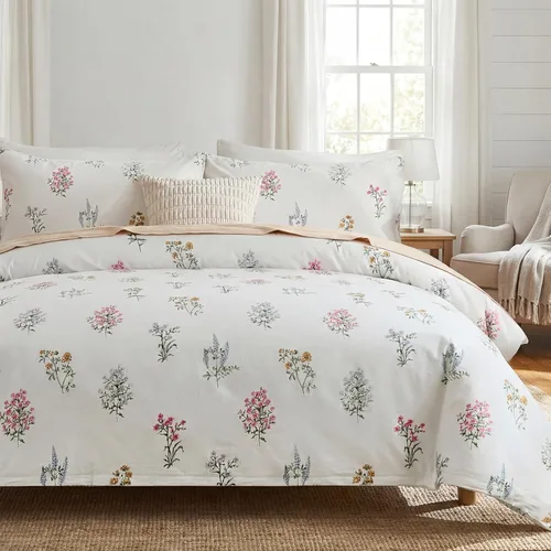 Vista 24 de Juego de edredón floral azul tamaño Queen, juego de ropa de cama botánica azul 100% algodón, edredón suave transpirable de 3 piezas y 2 fundas