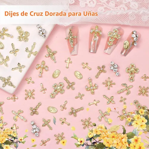 Vista 4 de 60 dijes dorados para uñas Coss, 12 estilos, 3D, cruz y estrella, para uñas Set-3