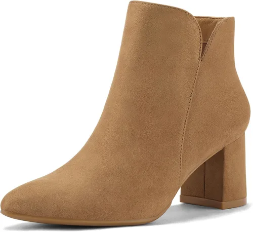 Vista 11 de mysoft Botines de tobillo para mujer con tacón bajo grueso de bloque, cómodos, punta puntiaguda, corte lateral en V, elegantes botines de oficina