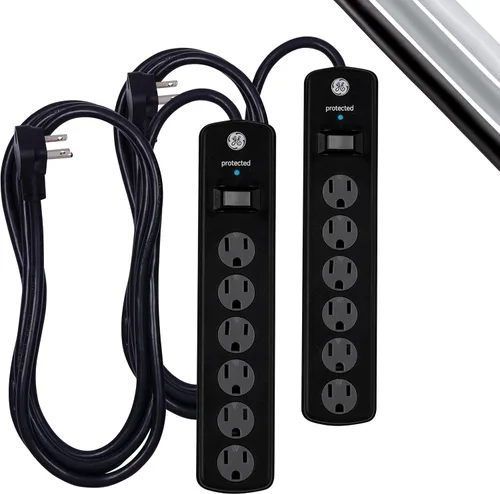 Vista 8 de GE Protector contra Sobretensiones con Regleta de Enchufes, Cable de Extensión de 4 Pies, Extensor de 6 Tomas, 800 Julios, Enchufe Plano, Cubiertas