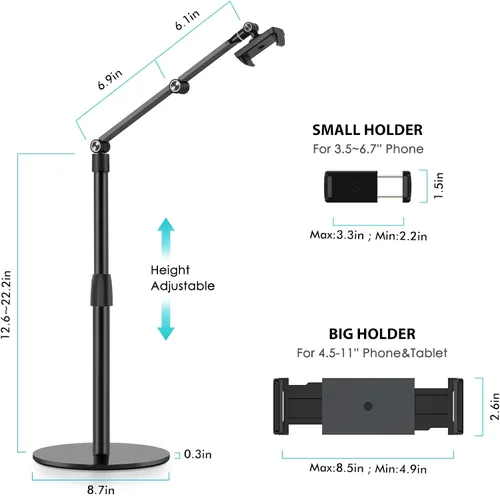 Vista 4 de Viozon Soporte superior para teléfono tableta, altura y ángulo de 360 grados ajustable, soporte de escritorio de aluminio, compatible con teléfono