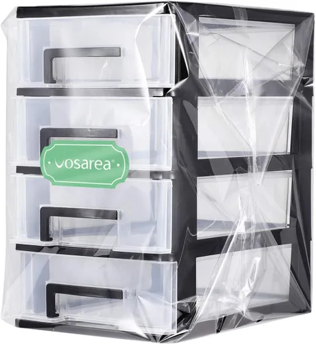 Vista 4 de Organizador de almacenamiento de escritorio de 4 cajones, contenedores de plástico, organizador de aparador para el hogar (negro y transparente)