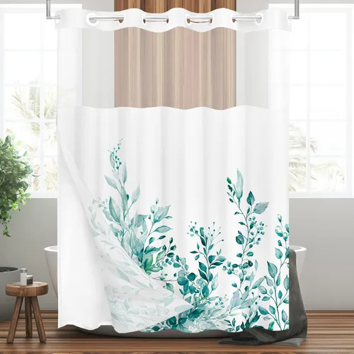 Vista 72 de Tititex - Juego de cortinas de ducha de eucalipto negro, hojas de acuarela gris en la parte superior, con decoración floral de baño, 60 x 72
