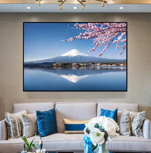 Vista 3 de Imagen sobre lienzo, imagen de paisaje de puesta de sol de flores de cerezo del monte Fuji, imagen de arte de pared de lienzo para la decoración