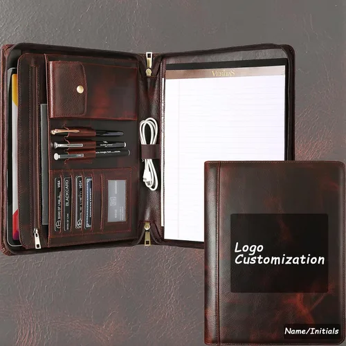Vista 9 de Organizador de cartera de cuero genuino, carpeta de 3 anillos con bloc de notas, carpeta de cuero personalizada para hombres y mujeres