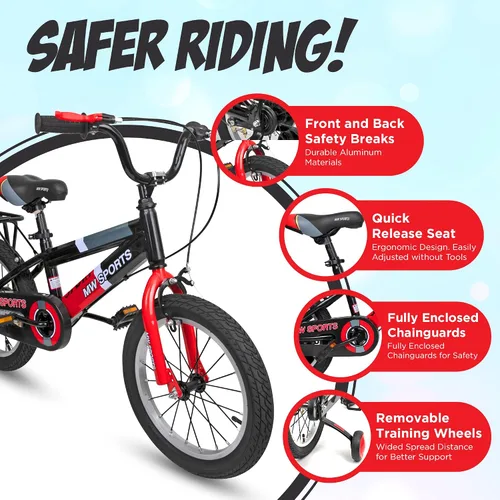 Vista 3 de Slippery Racer MW Sports - Bicicleta infantil de 16 pulgadas con ruedas de entrenamiento extraíbles, frenos de mano y estante de relé trasero