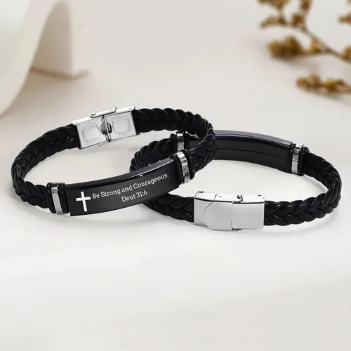 Vista 3 de Pulsera de cuero para hombre, regalo de sobriedad para hombre: cita inspiradora/versículo bíblico grabado, pulsera trenzada negra para hombre