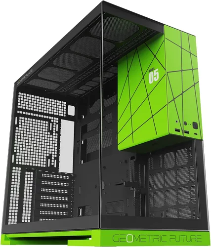 Vista 16 de Geometric Future M5 de vidrio templado semitorre, chasis de juego E-ATX/ATX, acero de 1.2mm, Tipo C, paneles sin herramientas, soporte para radiador