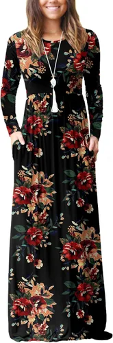 Vista 26 de GRECERELLE Vestido largo de manga larga para mujer, casual, cuello redondo, holgado, sólido floral, maxi largo con bolsillos, S-3XL A-Negro