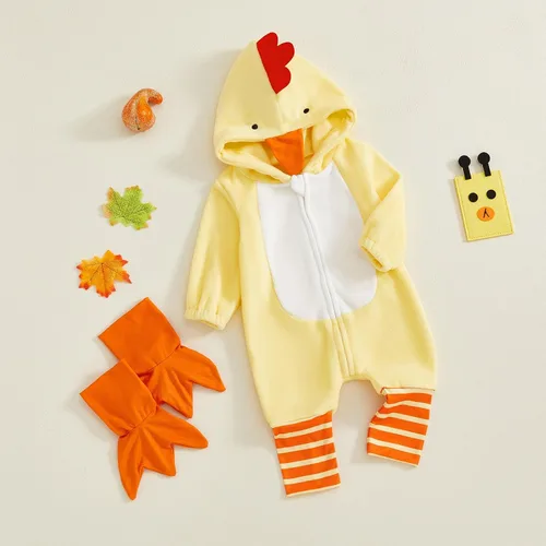 Vista 3 de Mameluco con capucha para bebé, niña, niño, disfraz de pollo de Halloween Amarillo