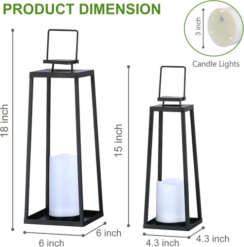 Vista 3 de Juego de 2 faroles solares decorativos para exteriores (18 y 15 pulgadas) modernos faroles de metal negro con velas solares, faroles decorativos