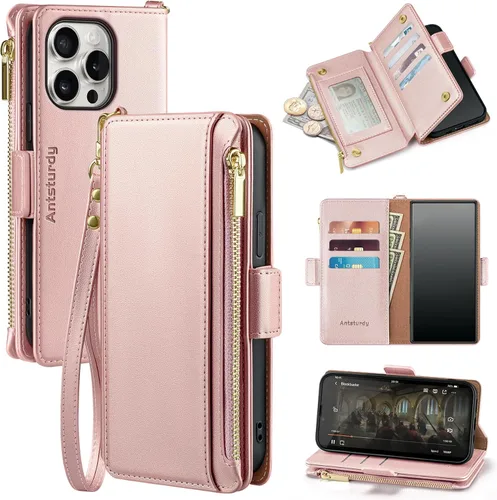 Vista 12 de Antsturdy Compatible con iPhone 15 Pro Max Funda Cartera para Mujeres【Bloqueo RFID】Funda de Teléfono Cruzada de Cuero PU con Cremallera y Correa