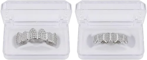 Vista 4 de JINAO Grillz Parrillas de Diamantes para Tus Dientes para Hombres y Mujeres Chapadas en Oro de 18K Heladas Macro Pavé de Circonita Cúbica Parrilla
