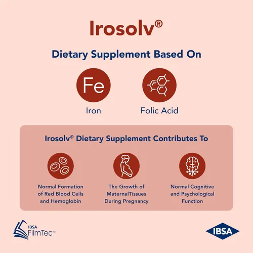 Vista 4 de Irosolv – IBSA Iron - Suplemento Dietético – 30 mg de Hierro 400 mcg de Ácido Fólico - 30 Películas de Disolución Oral para Liberación Inmediata