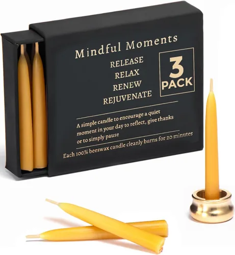 Vista 9 de Juego de velas de meditación consciente con 12 mini velas cónicas de cera de abeja con soporte de latón para oración y reflexión, regalos
