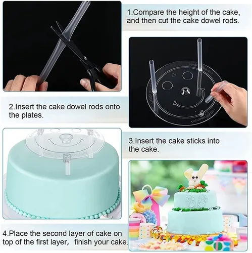 Vista 2 de Smiley - Juego de varillas de plástico para tartas, 12 varillas de plástico blanco para pasteles, 12 piezas apilables transparentes y 4 platos