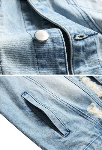 Vista 4 de RANMCC Chaqueta de mezclilla para hombre, chaqueta vaquera rasgada ajustada