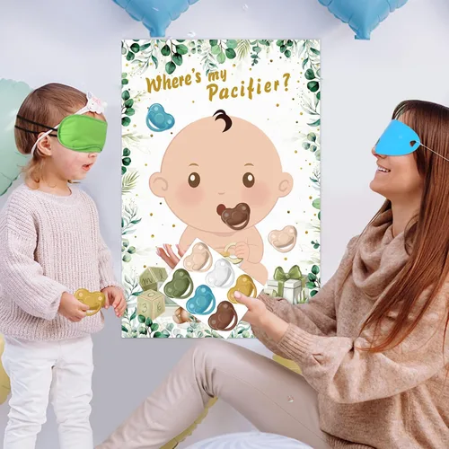 Vista 6 de Hxezoc Juegos de baby shower Pin The Chupete en el juego del bebé con 36 calcomanías para chupete, juegos de póster de bebé verde grande para fiesta