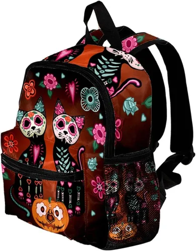 Vista 3 de Eqiaoqukey - Mochila ligera para el día de los muertos, diseño de calavera de azúcar y calabaza, mochila pequeña informal para viajes con bolsillos