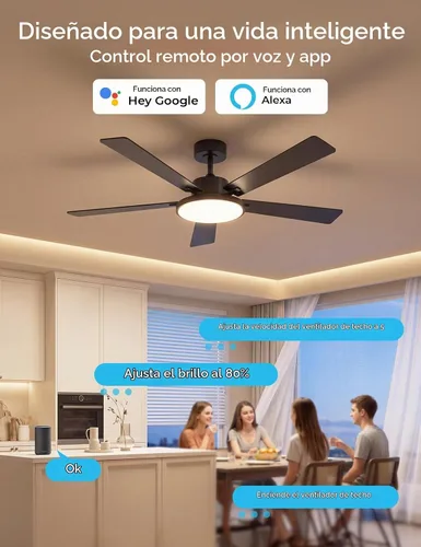 Vista 3 de CINOTON Ventiladores de techo inteligentes de 52" con luces y control Negro + Nogal