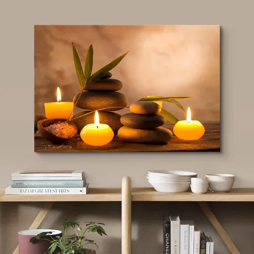 Vista 2 de wall26 Lienzo impreso para pared, velas con piedras de masaje en un ambiente romántico marrón, floral, naturaleza, fotografía, realismo, bohemio