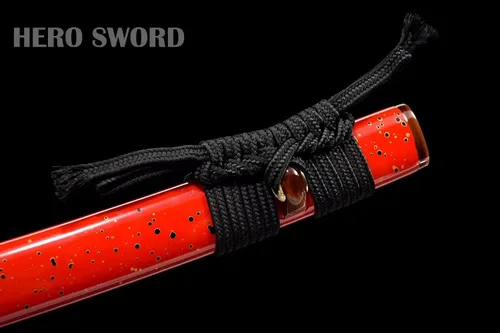Vista 8 de Espada katana templada de arcilla Sanmai de acero plegado, navaja real, afilada, espiga completa, auténtica, samurái, armas japonesas, rojo