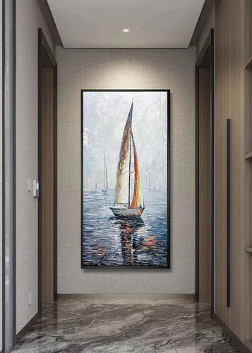 Vista 5 de V-inspire Arte, 24 x 48 pulgadas, moderno marco abstracto pintado a mano, pinturas al óleo, barco de vela en el mar, lienzo acrílico, pintura