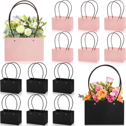 Vista 3 de DEAYOU Paquete de 12 bolsas de regalo de flores de papel kraft, caja de ramo con asa, pequeñas bolsas de papel con forro impermeable para arreglos