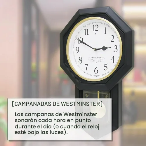Vista 4 de BESTIME Reloj de péndulo de plástico 66236. Timbre Westminster cada hora, elegante, tradicional, hogar, oficina, sala de estar, dormitorio