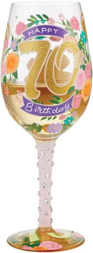 Vista 2 de Enesco Designs by Lolita Happy 70th Birthday - Copa de vino artesanal pintada a mano, 15 onzas, multicolor