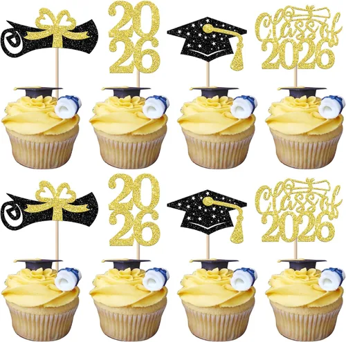 Vista 9 de Paquete de 24 adornos de graduación 3D 2024 para cupcakes 2024 con borlas doradas para fiestas temáticas de graduación 2024, suministros