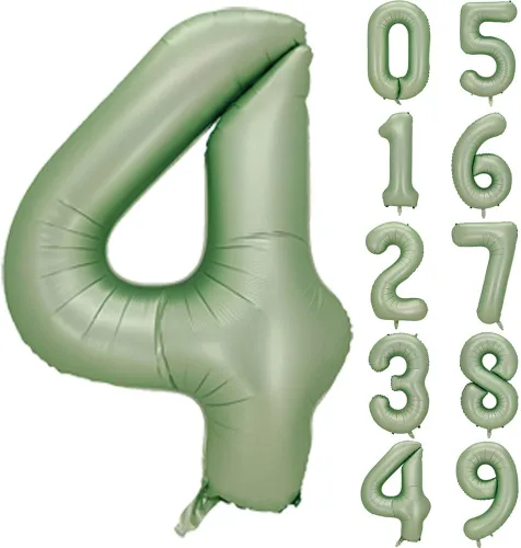 Vista 6 de Globos de números verde salvia para decoración de fiesta de cumpleaños de 40 pulgadas, globo grande del número 0