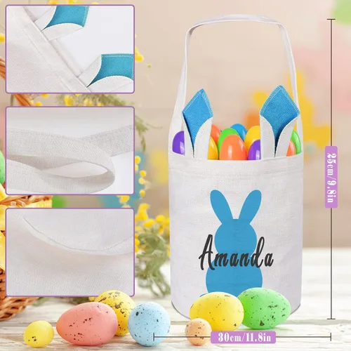 Vista 3 de Touber Cesta de Pascua, canastas de Pascua de algodón personalizadas para niñas y niños, rectangular, cestas de caza de huevos de Pascua con orejas