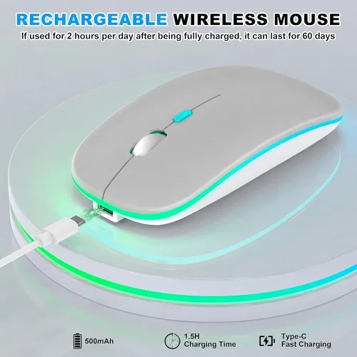 Vista 4 de Ratón inalámbrico LED Bluetooth para MacBook Air iPad Pro PC, mouse de computadora RGB recargable delgado con modo Jiggler, 3 modos BT 5.2 y 2.4G
