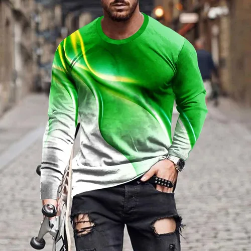 Vista 2 de Camisas musculares 3XL para hombre, grandes y altos, manga larga, estampado de líneas 3D, camisetas gráficas casuales sueltas