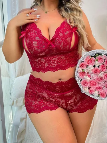 Vista 5 de WDIRARA Conjunto de lencería con aros y encaje floral de talla grande para mujer