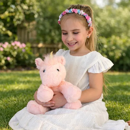 Vista 3 de Peluche de unicornio rosa, unicornio de felpa esponjoso de 10 pulgadas con cuerno dorado brillante para niñas