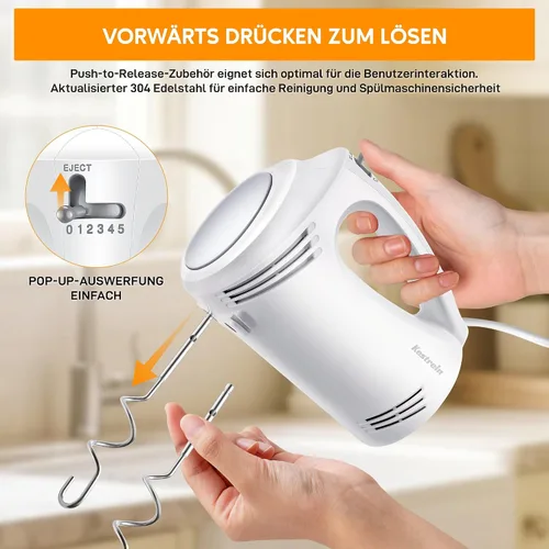 Vista 4 de Hand Mixer 350 Watt, 5 Speeds, Stainless Steel Whisk & Dough Hook (Dishwasher Safe), Ergonomic Handle, Long Cable, BPA Free - White KS1