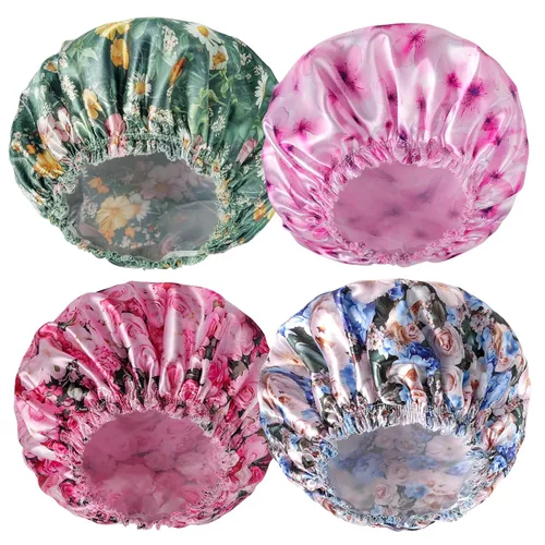 Vista 9 de 4 piezas de gorros de ducha para mujer, gorros de baño con estampado, gorro de ducha de doble capa reutilizable e impermeable, gorros de ducha