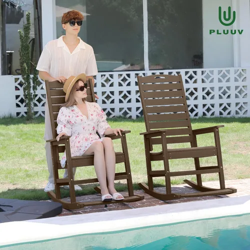 Vista 2 de PLUUV Silla mecedora de exterior con reposapiés extraíble para adultos, sillas mecedoras de patio de respaldo alto HDPE, sillas mecedoras de porche