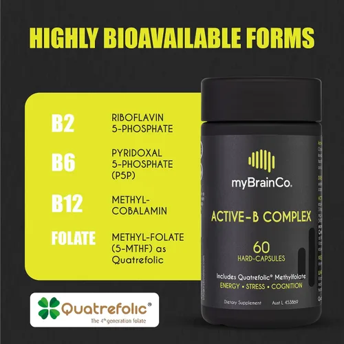 Vista 2 de myBrainCo. Complejo Active-B – Suplemento de vitamina B activada de alta resistencia con folato B2, B6, B12 y metilo – Apoya la energía, la función