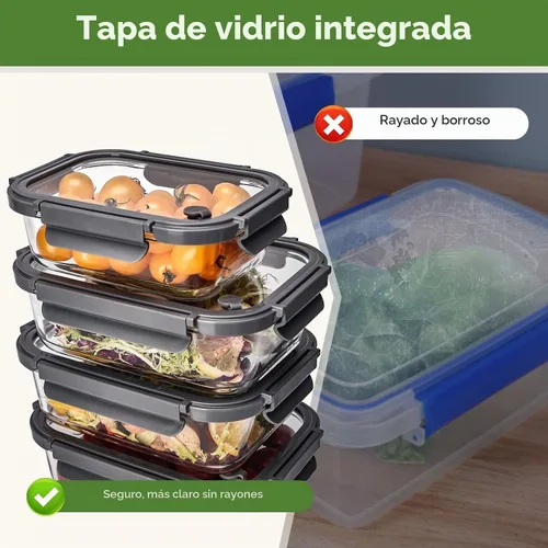 Vista 4 de Contenedores de vidrio para almacenamiento de alimentos con tapas de vidrio, paquete de 4 recipientes de preparación de comidas con tapas Gris