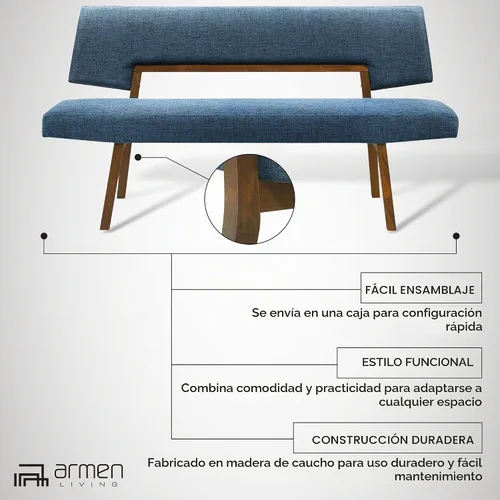 Vista 10 de Channell - Banco de comedor de madera con acabado de nogal con tela azul