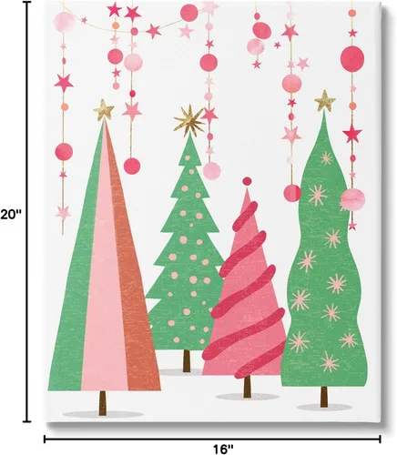 Vista 7 de Stupell Industries Ziwei Li - Lienzo decorativo para pared, diseño de árboles de Navidad rosa y verde Stupell Industries 16 x 20 Inches, Easy to