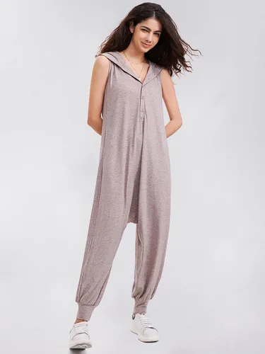 Vista 4 de Byinns Overol suelto sin mangas para mujer, pijama con capucha, mameluco para descansar, pantalón largo de harén