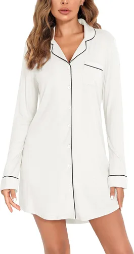 Vista 67 de Samring Camisón de pijama para mujer, manga corta/larga, con botones, camisón para dormir, camisón para novio, talla XXL